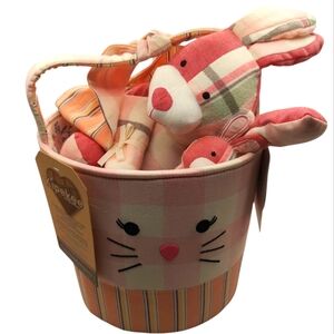 Newborn Baby Gift Basket With PINK Bunny Plush Toy, Bib, Rattle NEW